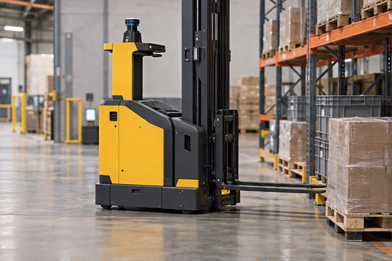 Yellow automated lift truck beside a wrapped pallet