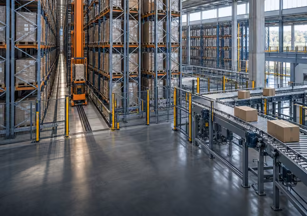 Automated warehouse with pallet racks and conveyor systems