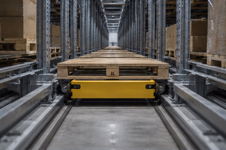 Yellow shuttle on rails in a deep-lane pallet store