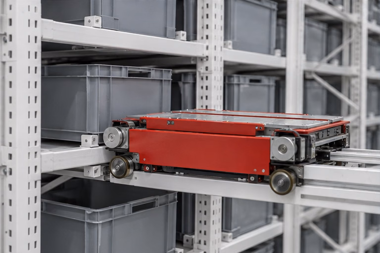 Red light-load shuttle on storage rack rails