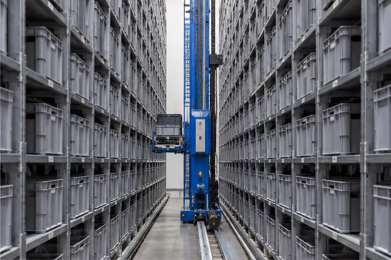 Mini-load crane in an aisle between tall tote-storage racks