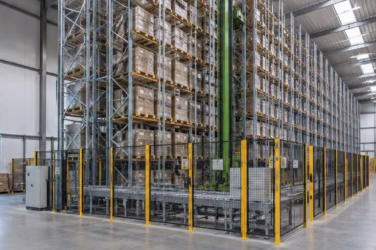 Automated pallet racks and a crane behind safety fencing