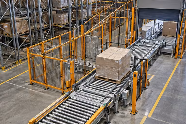 Pallet transfer conveyor connecting storage and dispatch