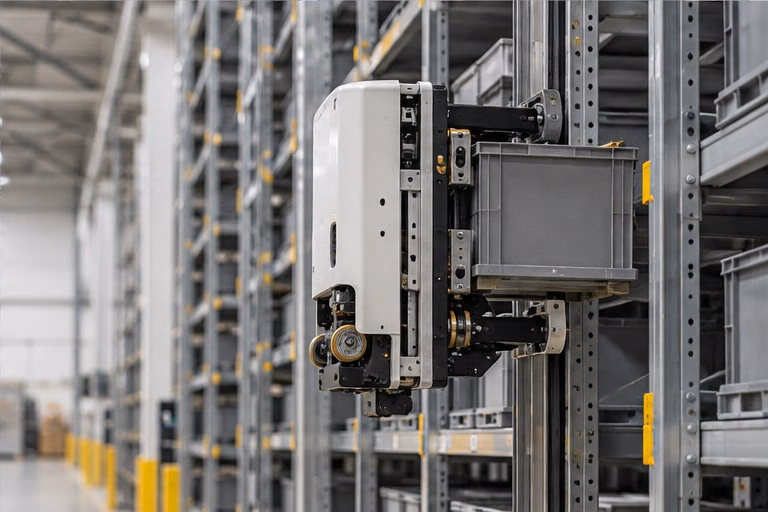 Rack-climbing robot engaged with vertical storage rails