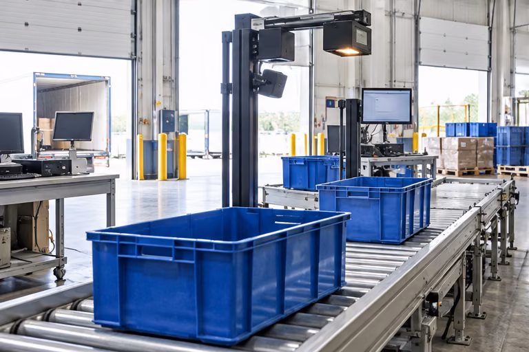 Tote receiving and dimension-checking station on a conveyor