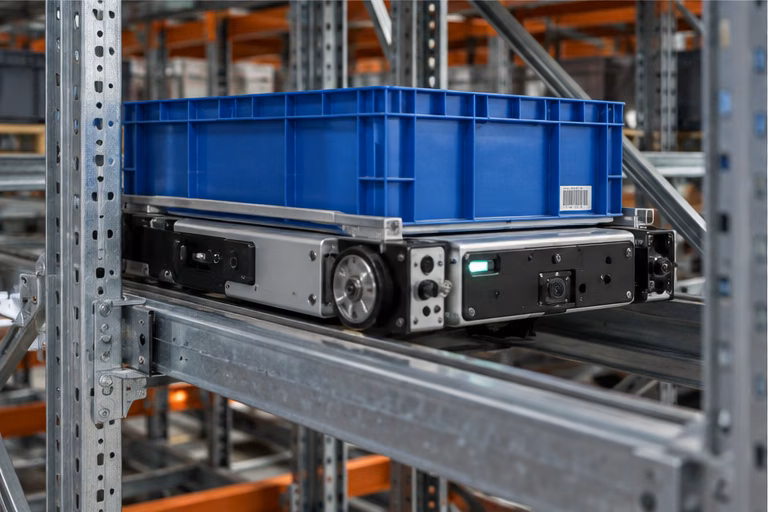 Shuttle carrying a blue tote along a storage rack rail