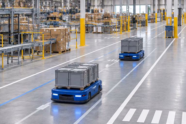 Two mobile robots carrying crates along marked warehouse lanes