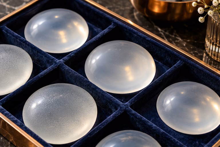 Implant samples in a tray for comparison before breast surgery