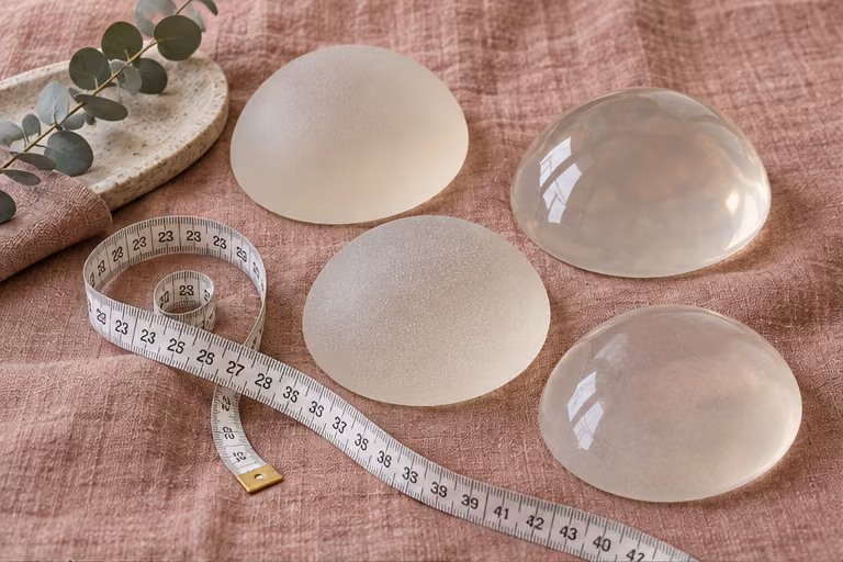 Implant samples and measuring tape on a pale pink cloth