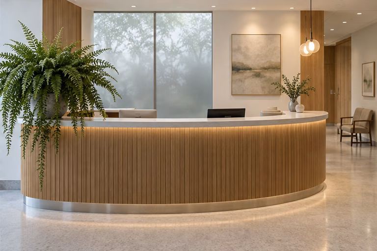 Reception desk and a plant in a medical consultation setting