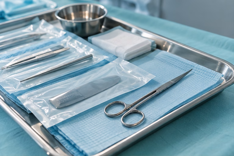 Instruments and sealed supplies on a clinical preparation tray