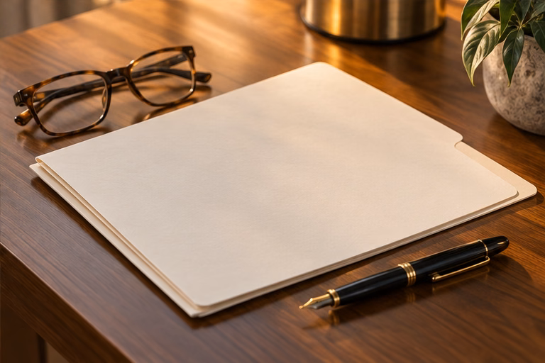 Surgical information folder with glasses and a pen on a desk