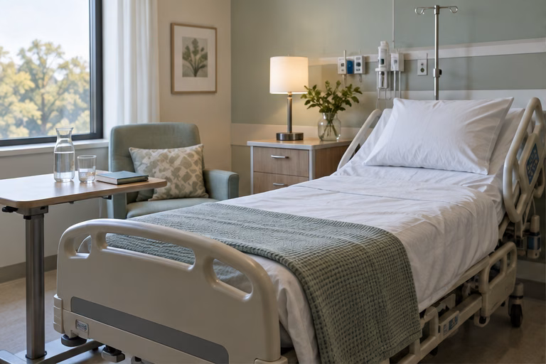 Hospital bed and room arranged for postoperative recovery