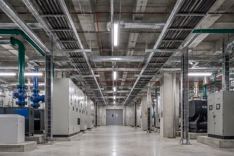 Electrical cabinets and pipework in a building services room