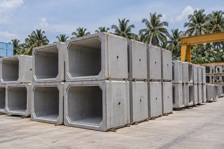 Precast concrete drainage segments in a storage yard
