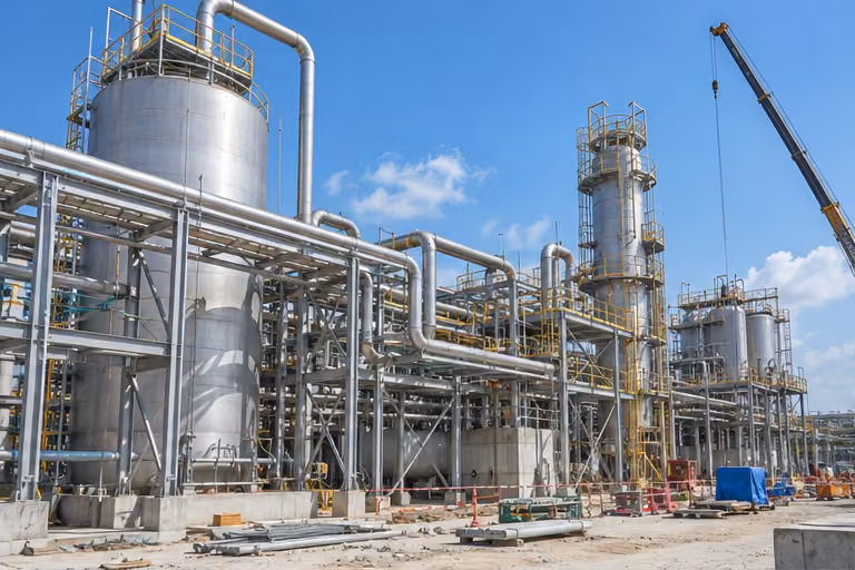 Process plant pipes and tanks during construction