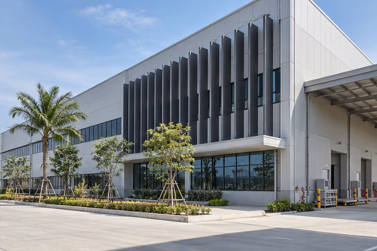 Industrial building with vertical sun-shading fins