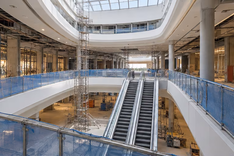 Shopping-centre atrium and escalator opening during construction