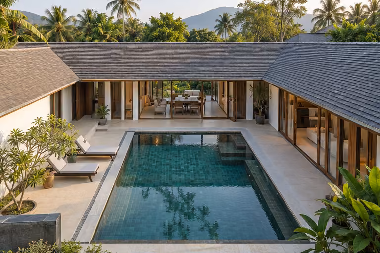 Courtyard home with a pool and shaded living areas