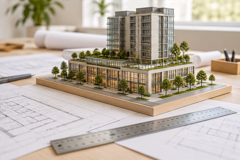 Architectural building model on a design desk