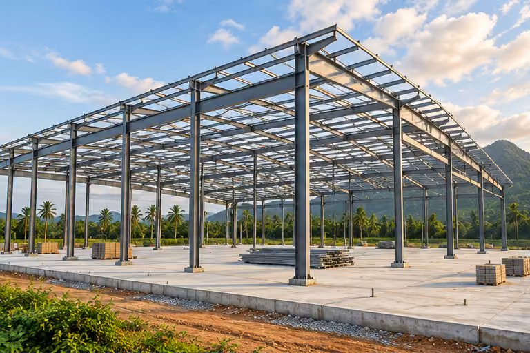 Industrial steel frame during construction