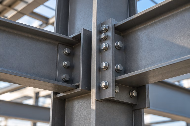 Bolted connection between structural steel beams and a column