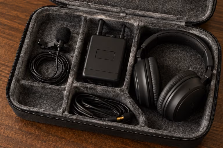 Wireless microphone, headphones and cables in an equipment case