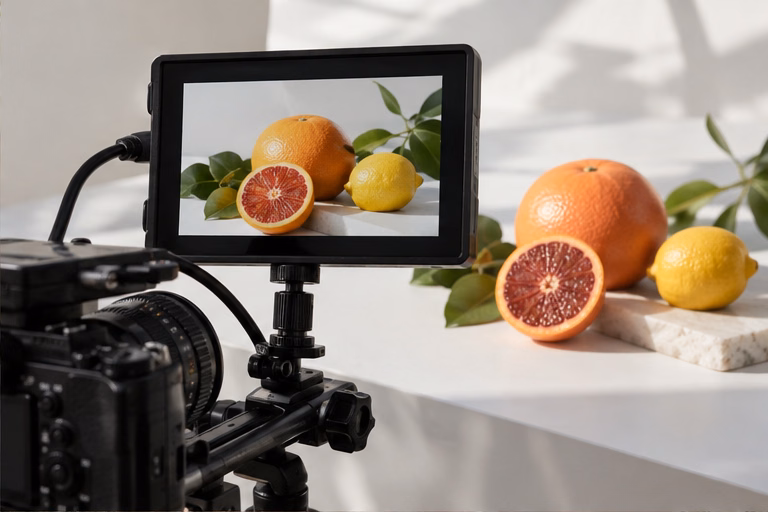 Camera monitor showing the citrus still life on a table