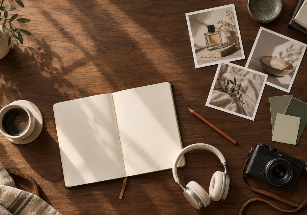 Camera, notebook and visual references on a creative desk