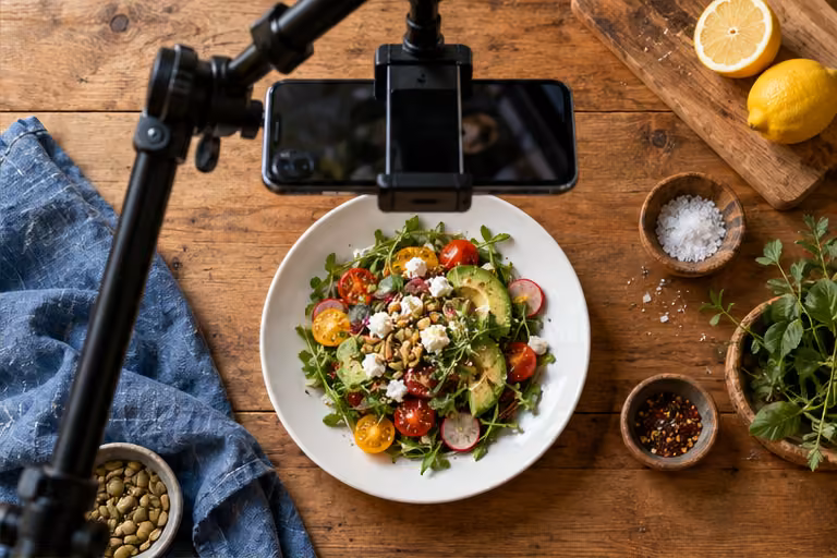 Overhead phone rig above a salad for food content