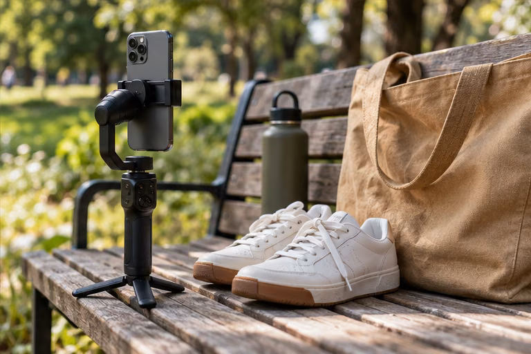 Phone on a gimbal beside shoes and a tote in a park