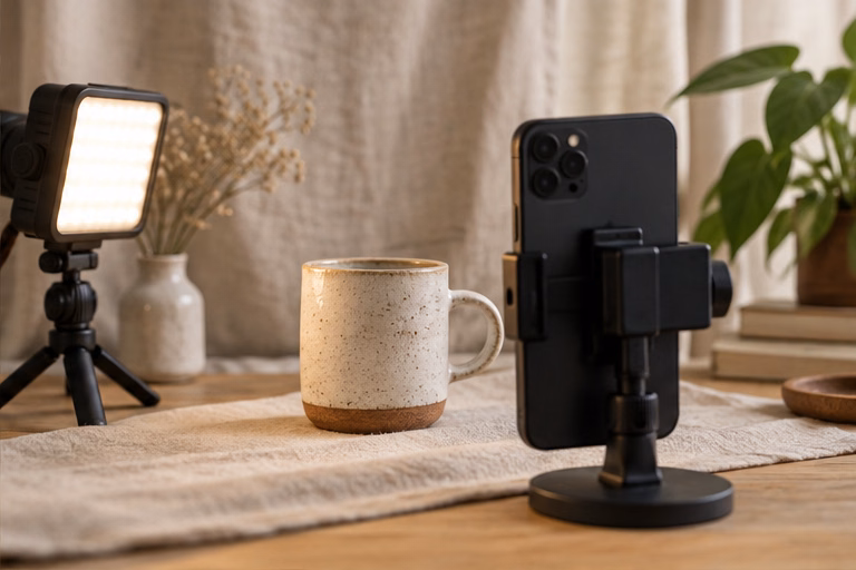 Phone on a tabletop stand filming a ceramic mug