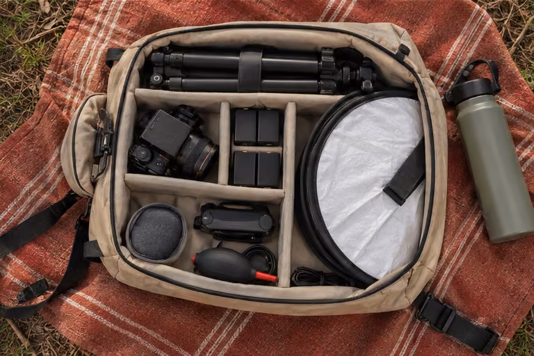 Camera equipment bag and reflector on a picnic blanket