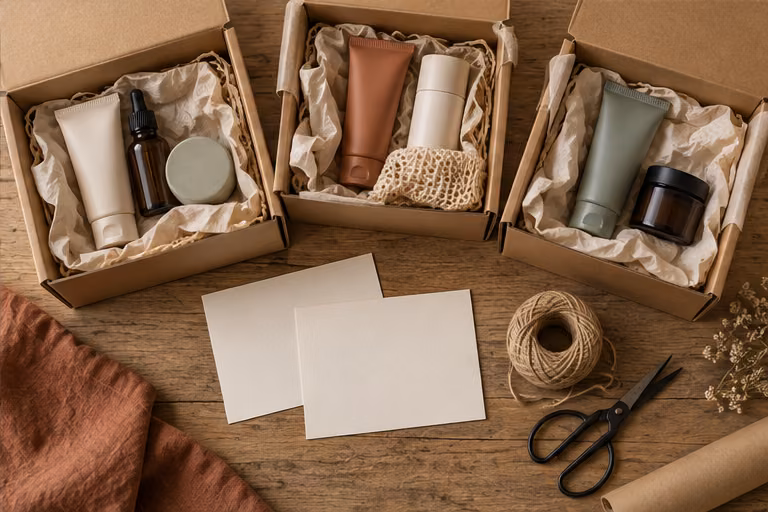 Gift boxes containing sample products and wrapping paper
