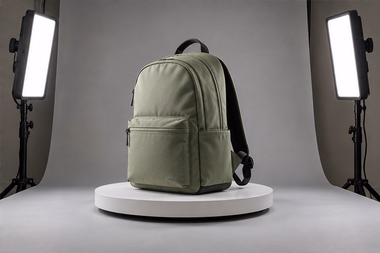 Backpack on a turntable between two product lights