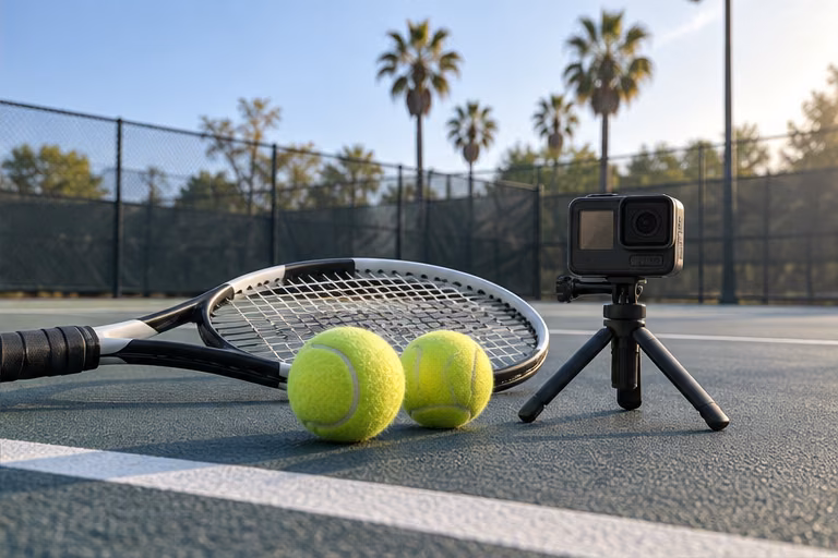 Action camera beside a racket and tennis balls