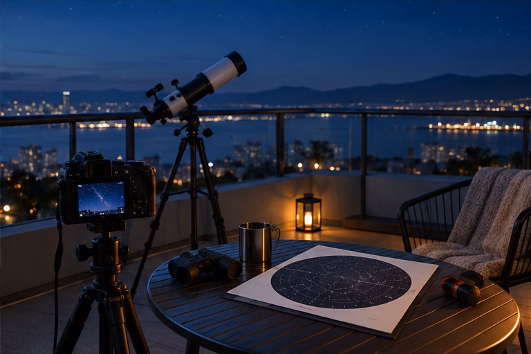 Telescope, camera and star chart on an evening balcony