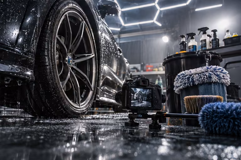 Camera beside a car wheel and detailing equipment