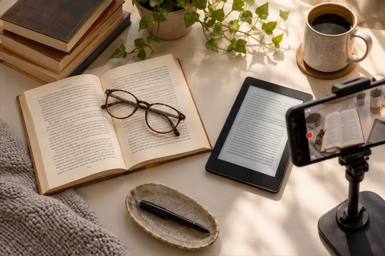 Books and an e-reader beside a phone filming stand
