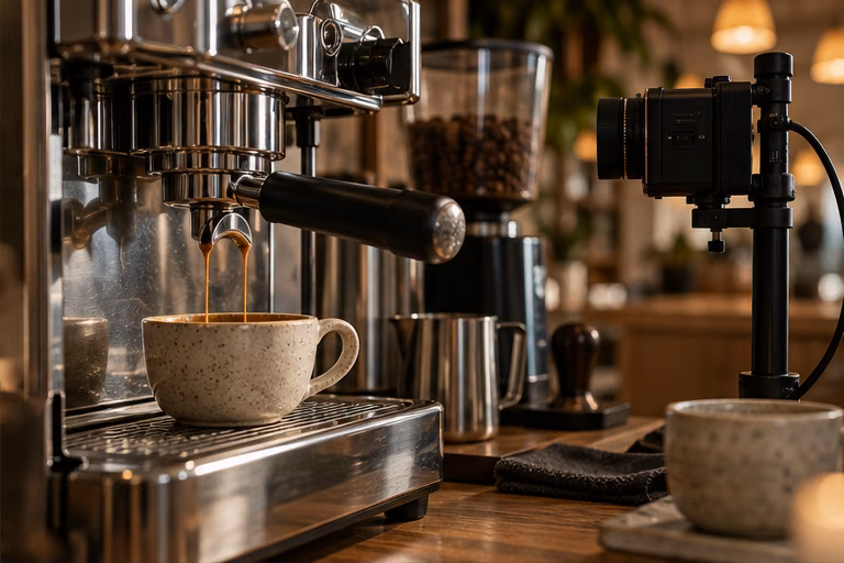 Camera filming an espresso machine pouring coffee