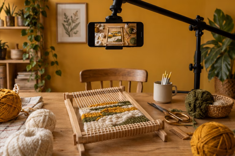 Phone filming a small loom and yarn on a craft table