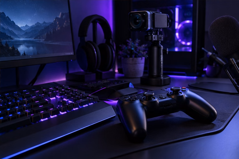 Controller, keyboard and camera in a gaming recording setup