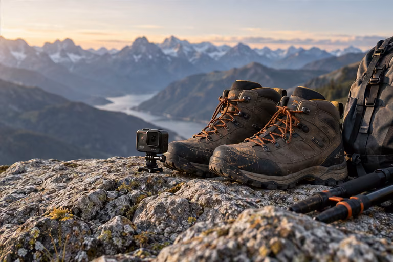 Hiking boots and action camera on a mountain ledge