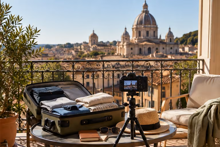 Travel camera and open suitcase on a hotel balcony