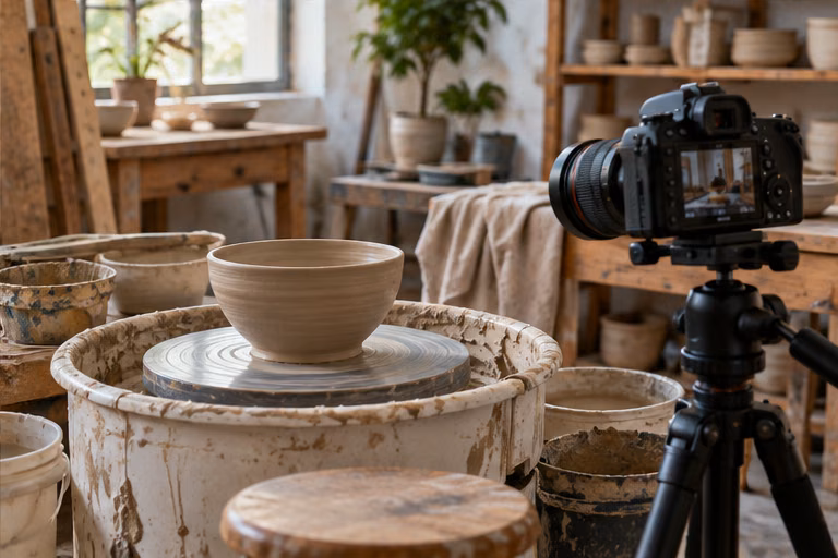 Camera beside a pottery wheel with a clay bowl