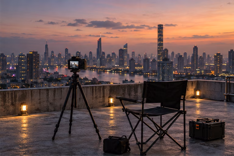 Tripod camera and empty chair on a rooftop at dusk