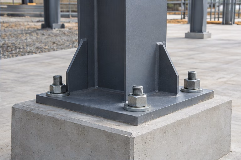 Steel column base plate anchored to a concrete pedestal