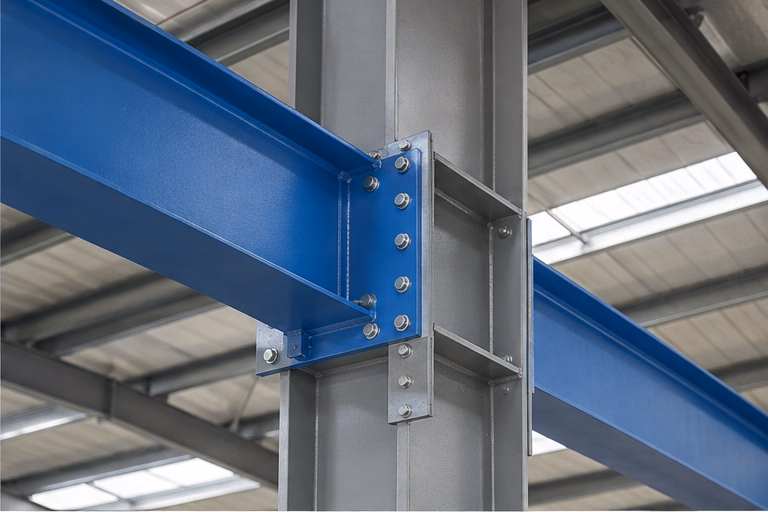 Blue steel beam bolted to an industrial building column