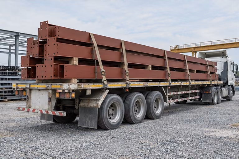 Primed steel members secured on a delivery truck