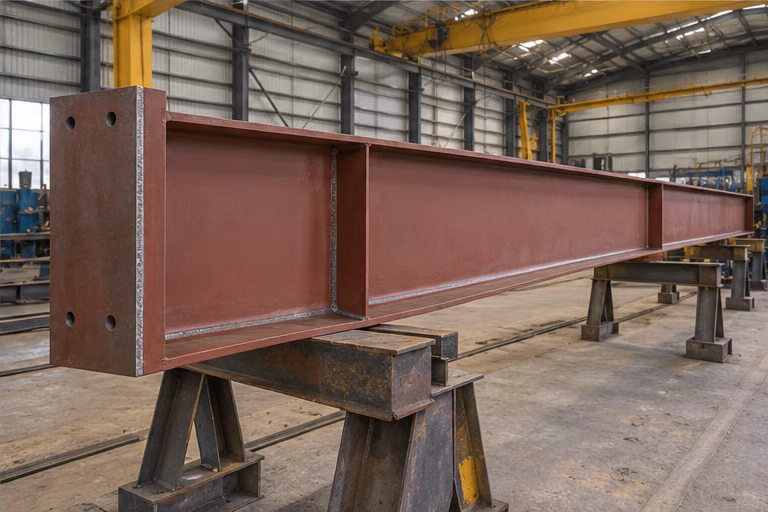 Fabricated tapered steel beam supported in a workshop